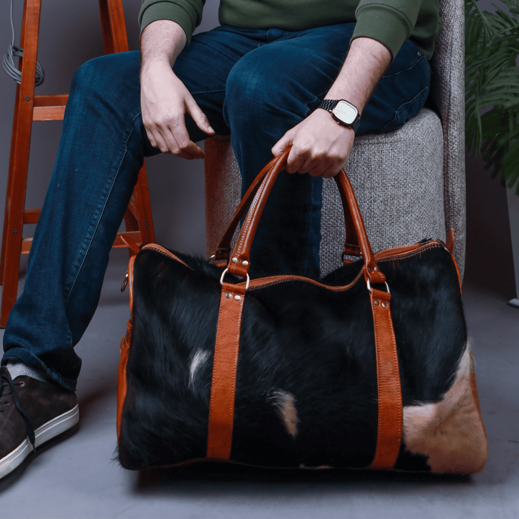 Travel Bag Fluffy Fur Cowhide Leather Adjustable Straps Vintage Style-0