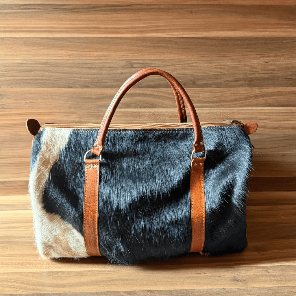 Travel Bag Fluffy Fur Cowhide Leather Adjustable Straps Vintage Style-3