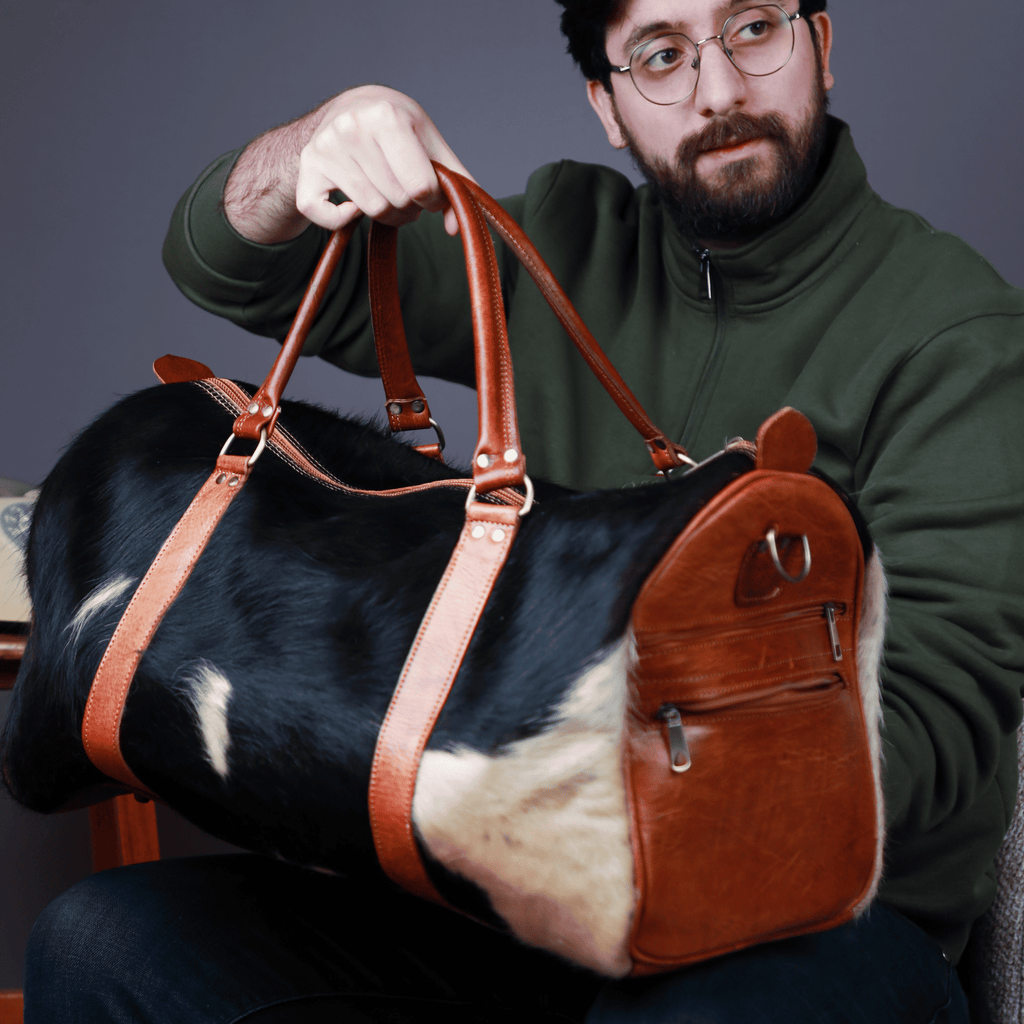 Travel Bag Fluffy Fur Cowhide Leather Adjustable Straps Vintage Style-1